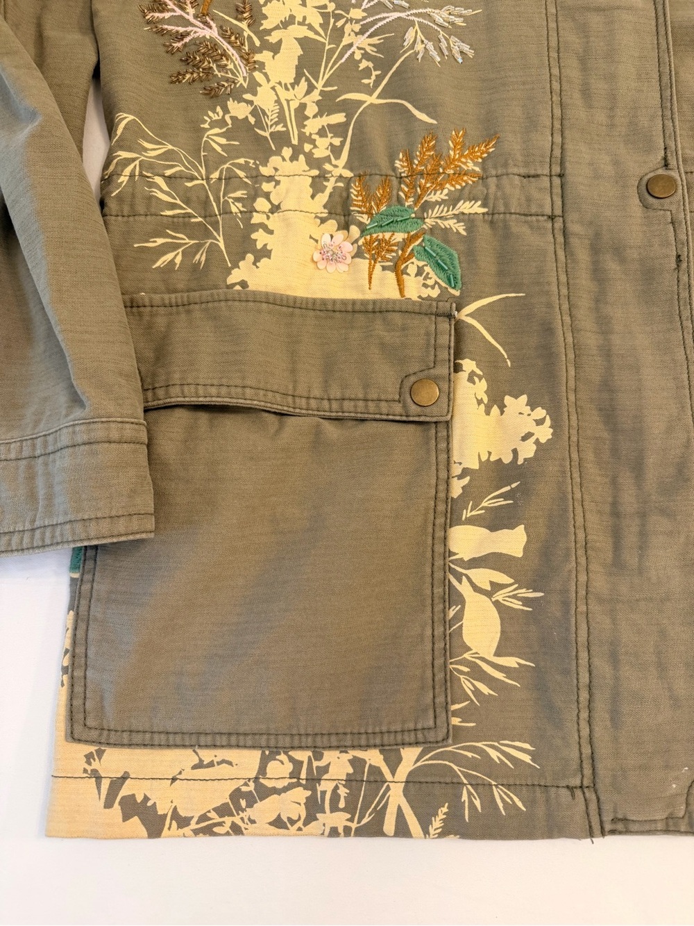 Anthropologie Olive Green Embroidered Beaded  Floral Utility Shacket Size XL - Picture 3 of 15